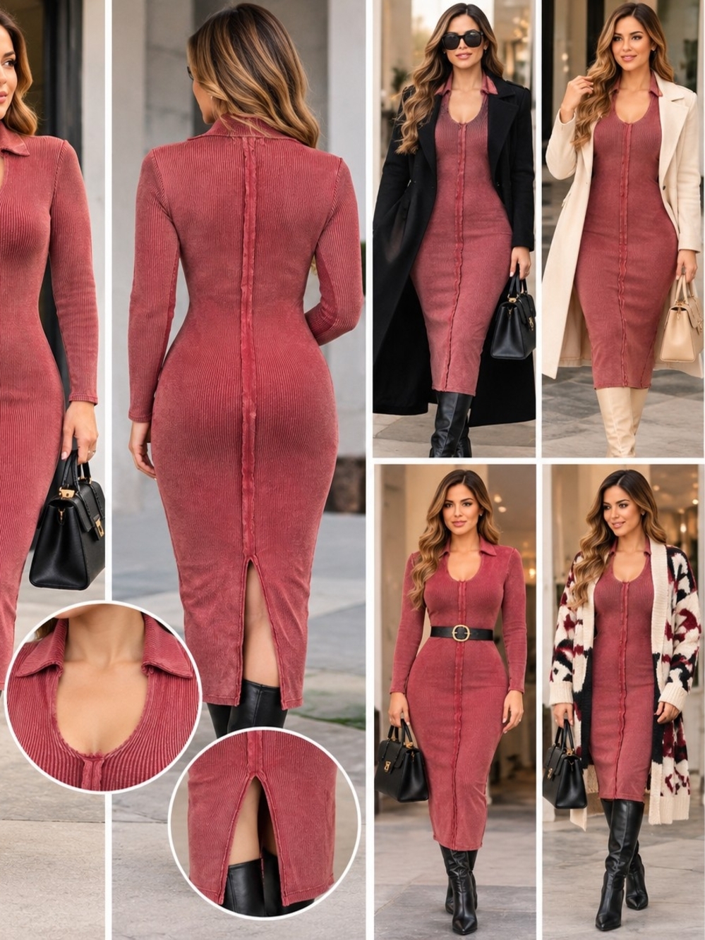 Lulu's Dusty Rose Ribbed Collared Midi Dress